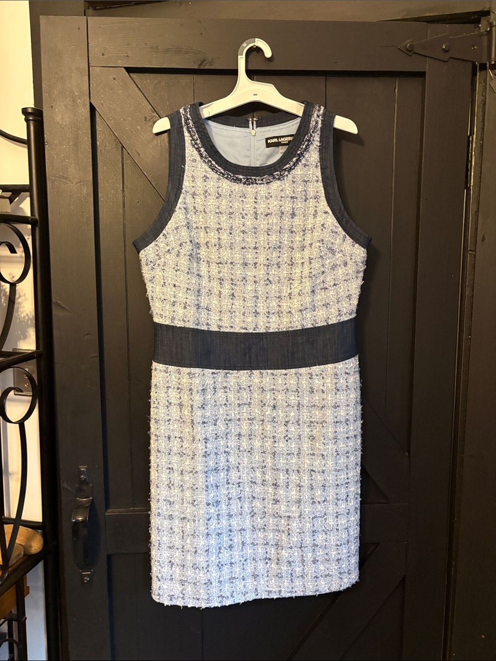 Karl Lagerfeld Light Blue Tweed Mini Dress with Navy Trim